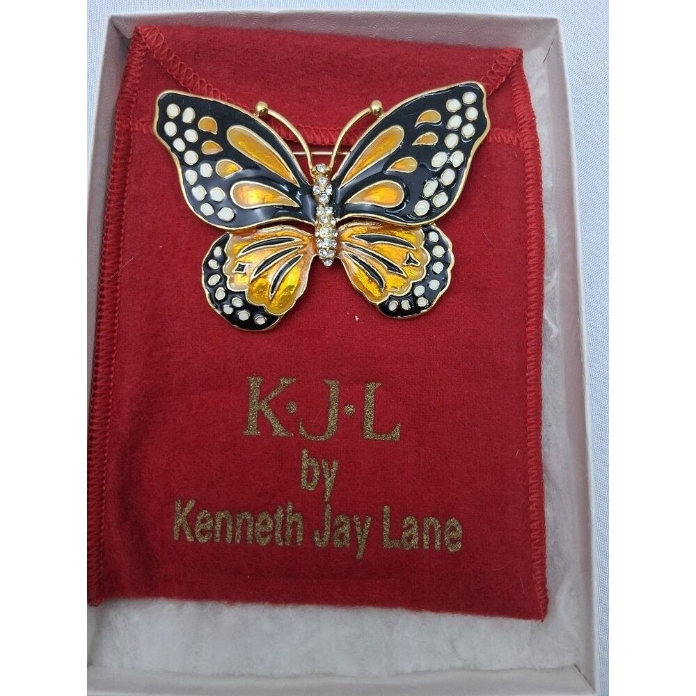 KJL Kenneth Jay Lane Monarch Butterfly Enamel Rhinestone Brooch Pin Pouch